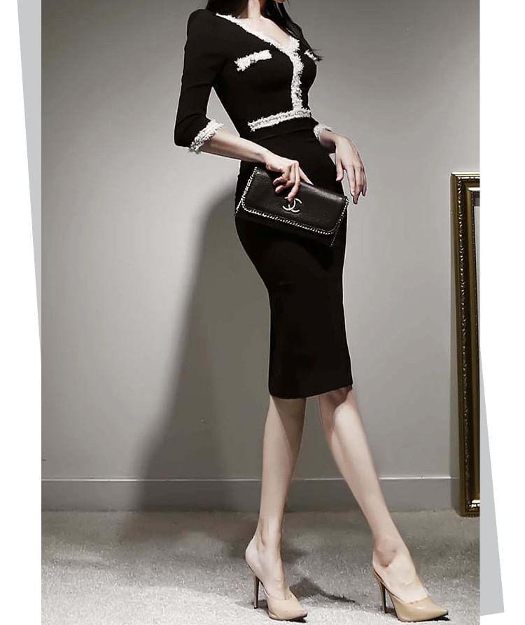 3/4-Sleeve V-Neck Fringed Sheath Dress Product Image