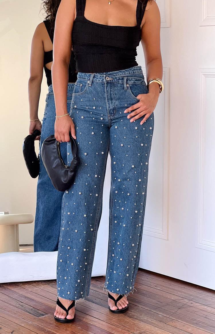Denim Dazzle Pearl Mid Wash High Waisted Jeans Girls Product Image