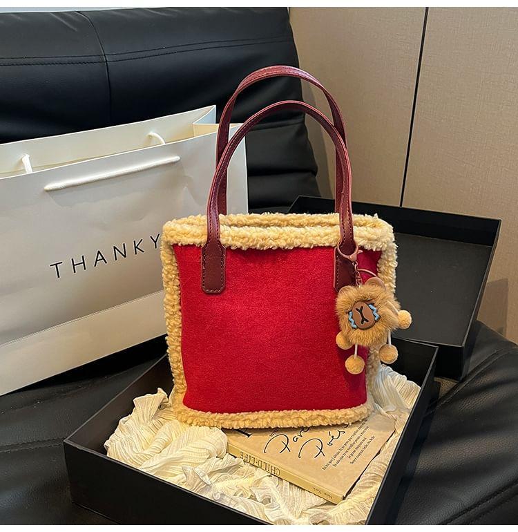 Set: Contrast Trim Fleece-Lined Tote Bag + Bag Charm Product Image