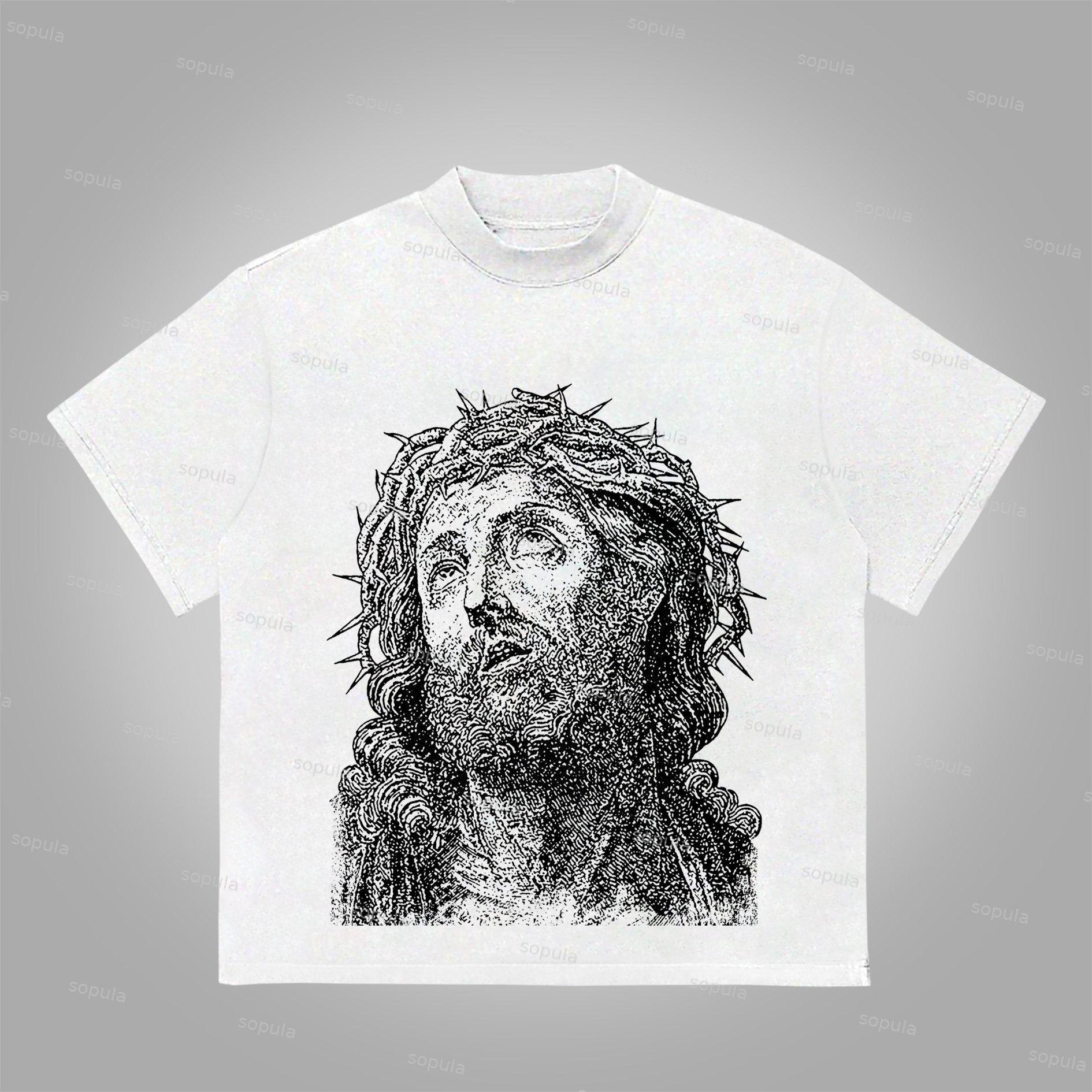 Sopula Vintage Jesus Portrait Graphic Print Cotton T-Shirt Product Image
