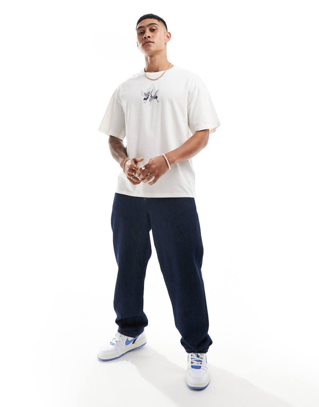 Jack & Jones oversized crane chest print t-shirt in white Product Image