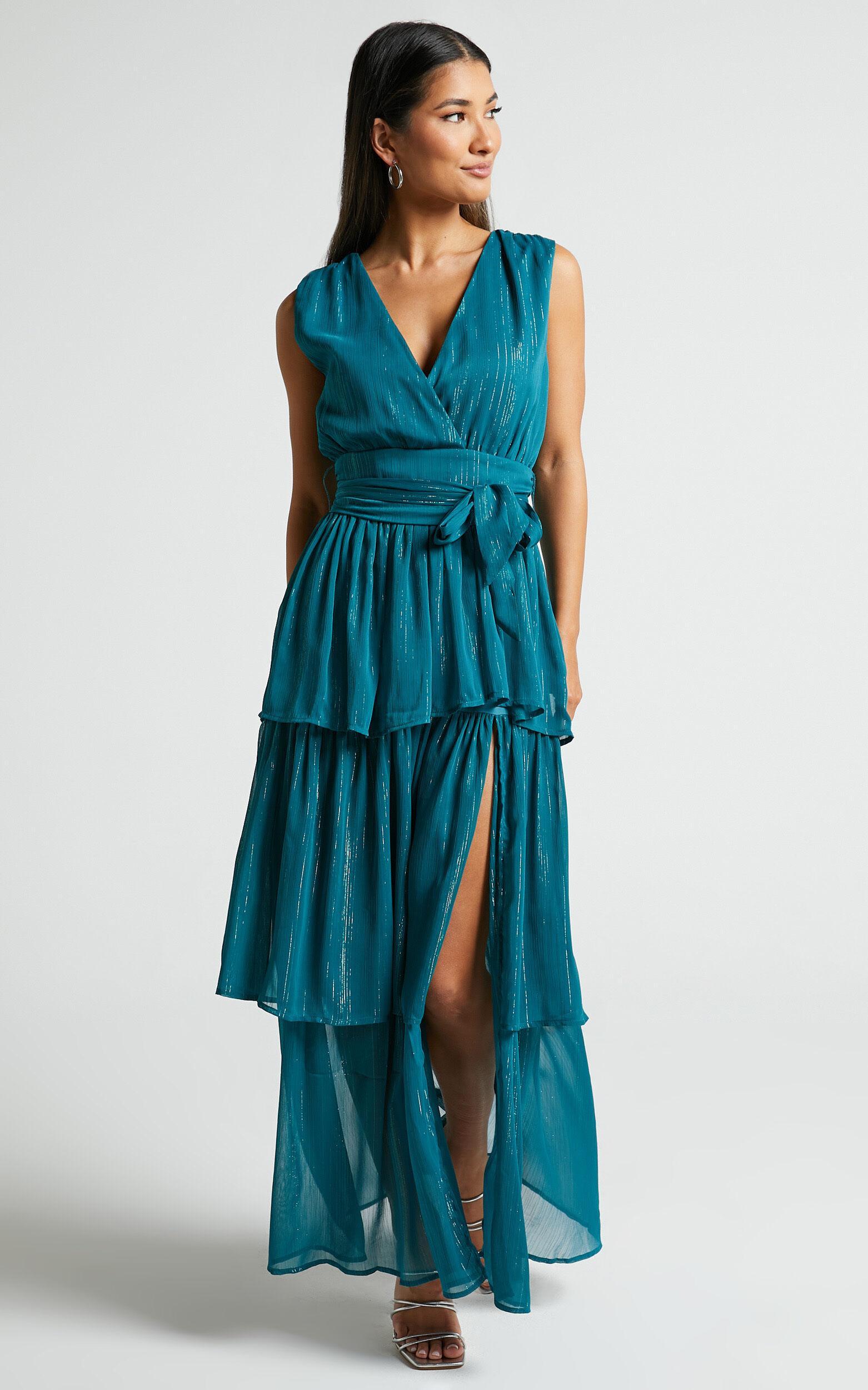 Alana Midi Dress - Short Sleeve Plunge Aline Dress in Emerald Product Image