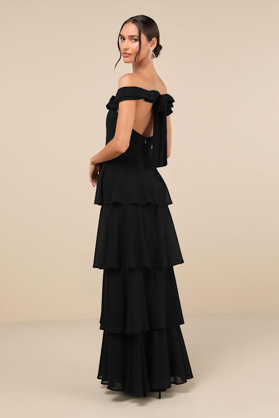 Delightful Essence Black Off-the-Shoulder Tiered Maxi Dress Product Image