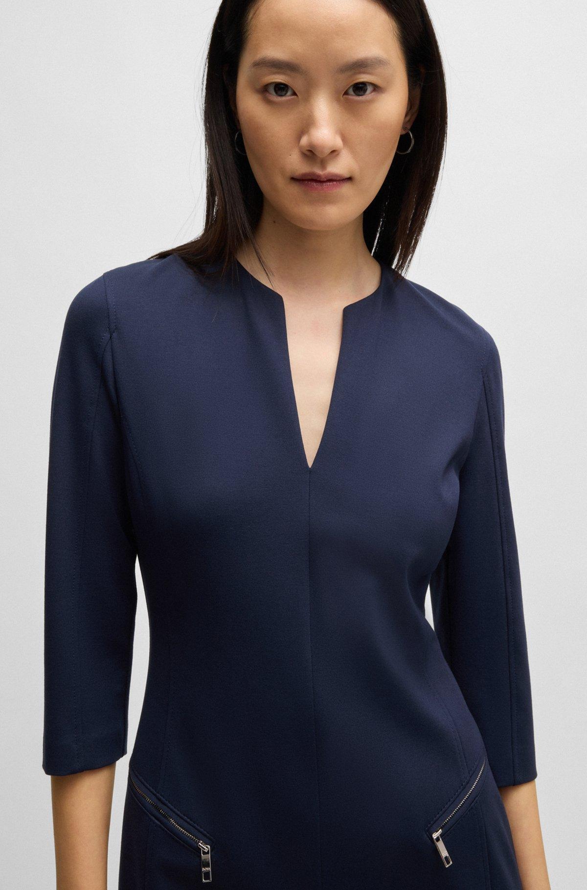 BOSS - V-neck dress with zipped pockets and cropped sleeves - Dark Blue Product Image