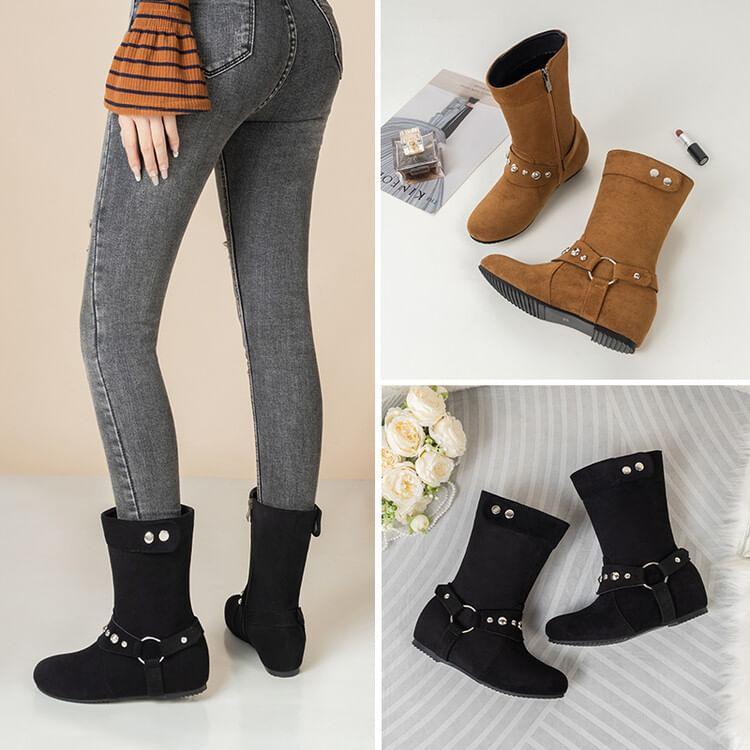 Hidden Wedge Plain Studded Zip-Up Short Boots Product Image