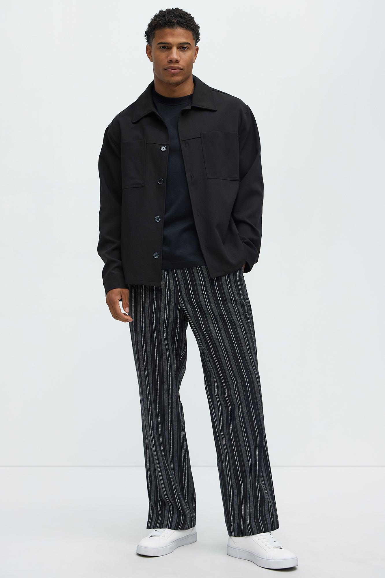 Striped Down Straight Pants - Black/combo Product Image