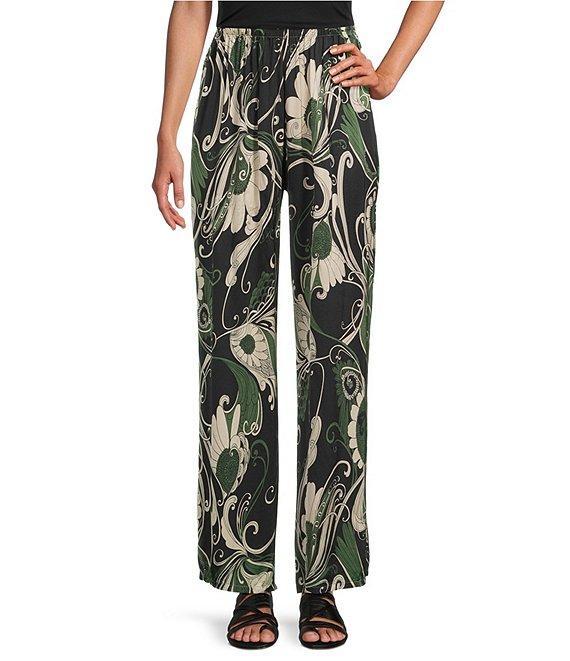 Bryn Walker Coordinating Giardino Print Viscose Satin Elastic Waist Full Length Wide Leg Pants Product Image
