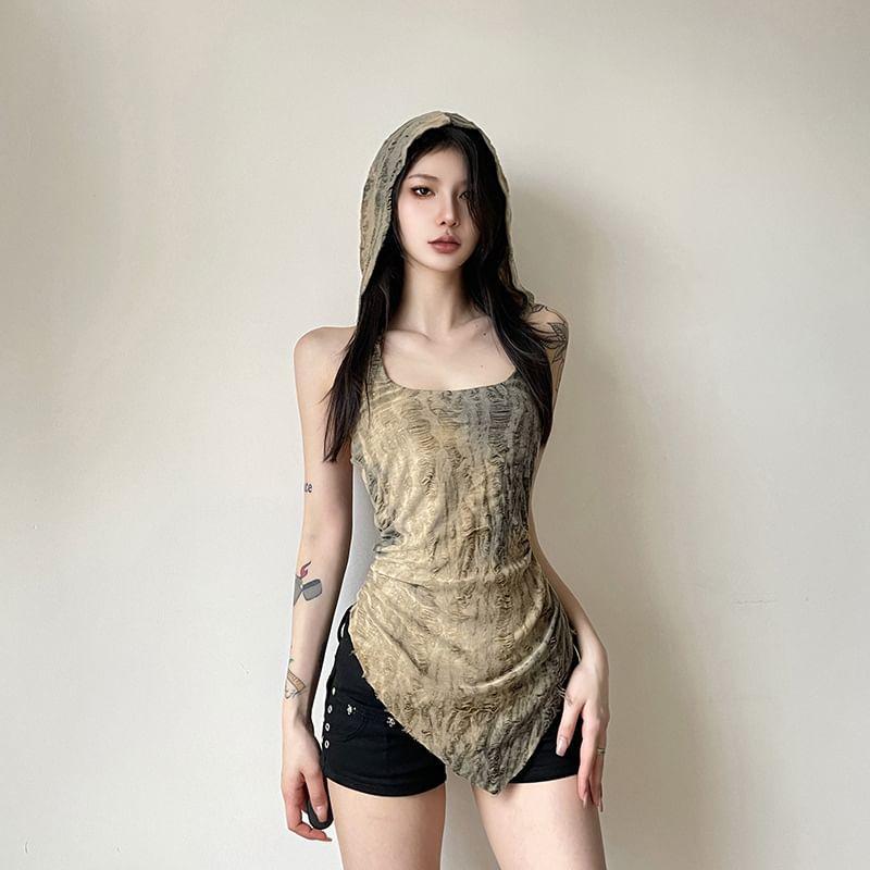 Sleeveless Square-Neck Distressed Slim-Fit Hooded Top Product Image