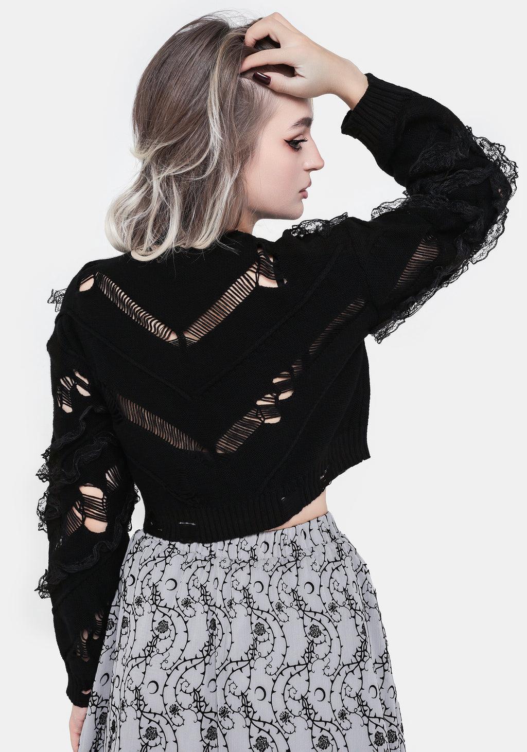 Volla Lace Ruffle Distressed Knit Crop Sweater Product Image
