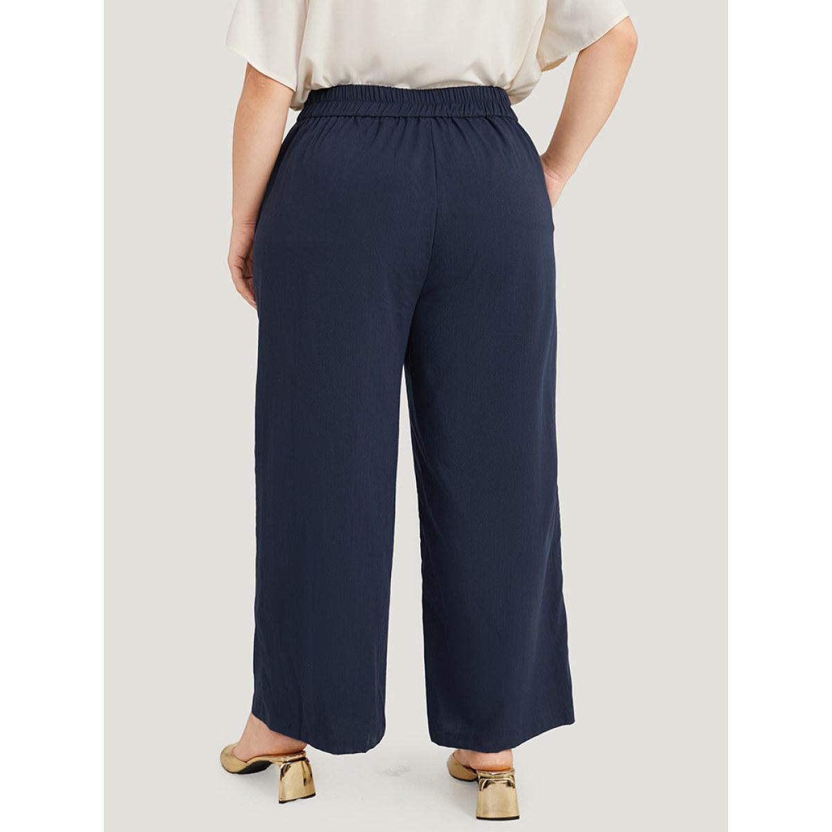 Plus Size Solid Button Up Pocket Wide leg High Rise Pants Women Indigo Office Straight Leg High Rise Work Pants BloomChic 14-16/1X Product Image
