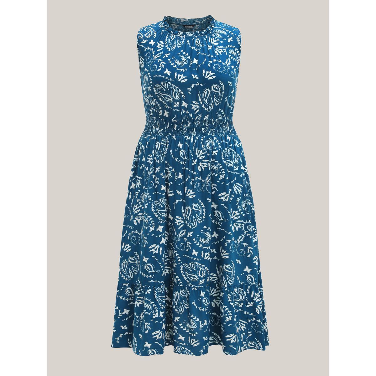 Plus Size Paisley Print Shirred Sleeveless Midi Dress Mediumblue Women Round Neck Sleeveless Curvy BloomChic 10/M Product Image