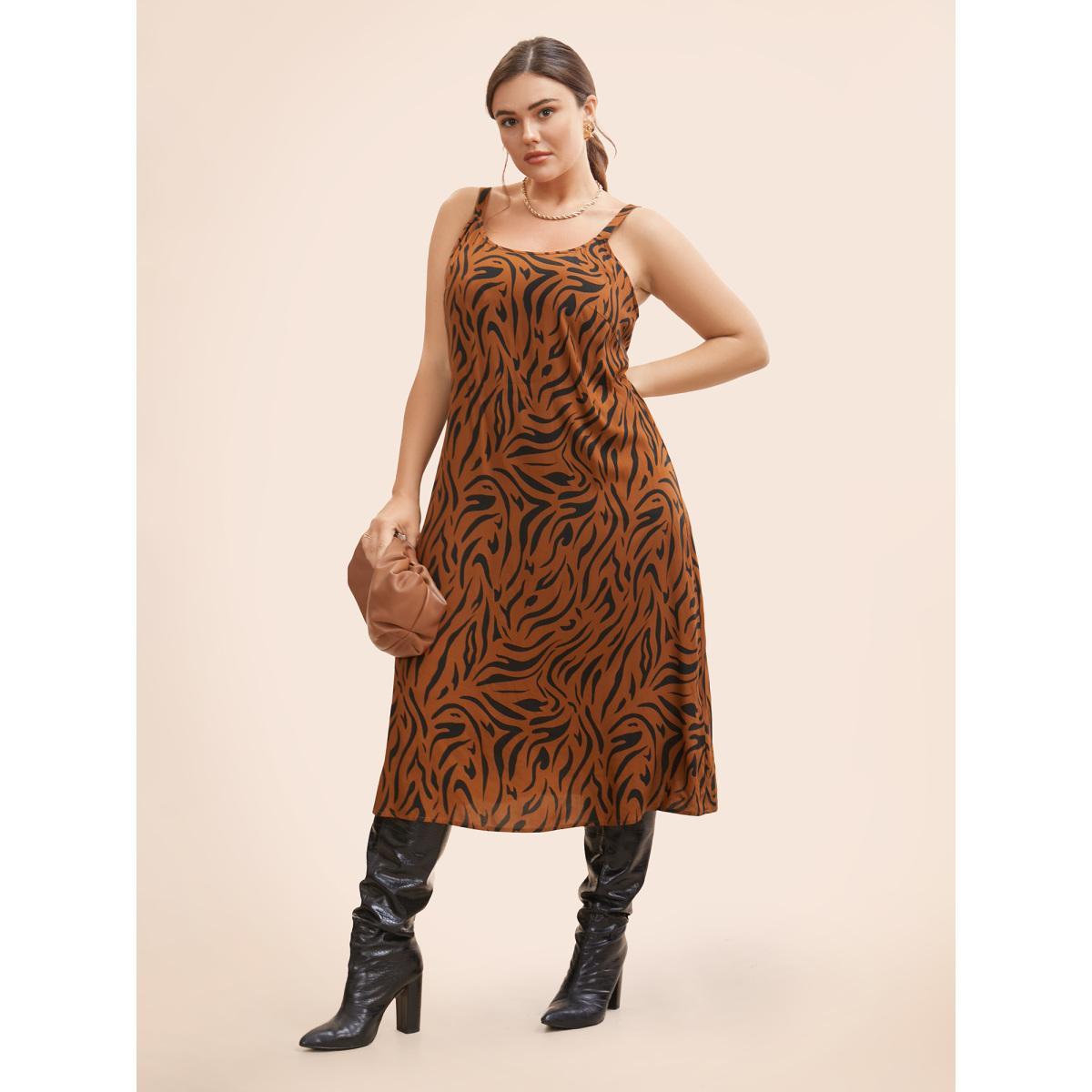 Plus Size Leopard Print Cami Midi Dress Browncoffeecolor Women Workwear Essentials Non U-neck Sleeveless Curvy BloomChic 26/4X Product Image