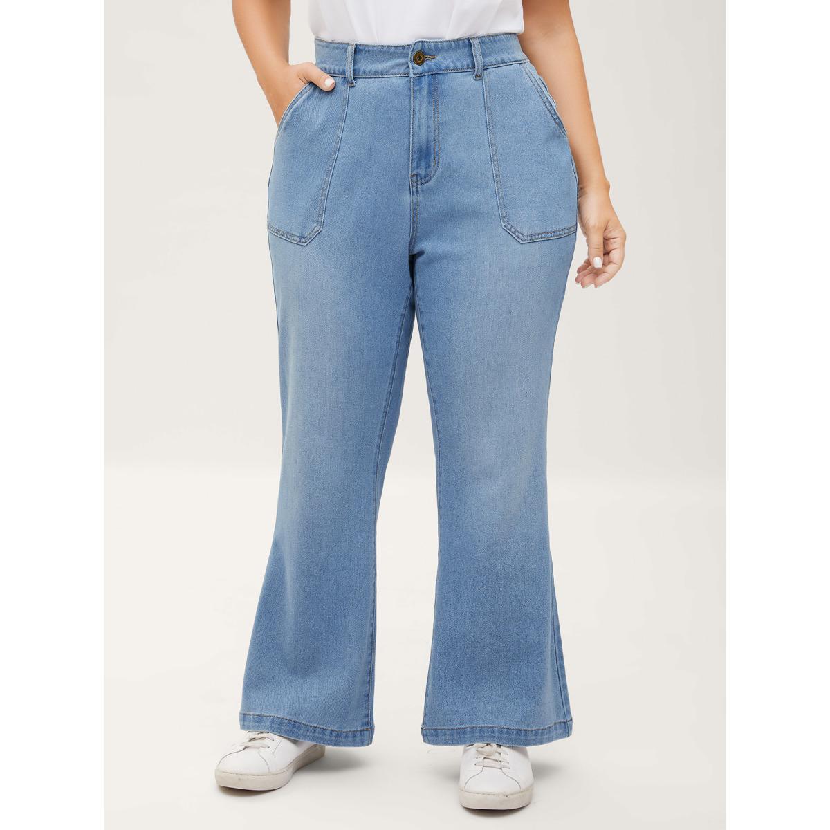 Plus Size Classic Flared Hem Mid-Rise Jeans Women Midblue Slanted pocket Jeans BloomChic 18/2X Product Image