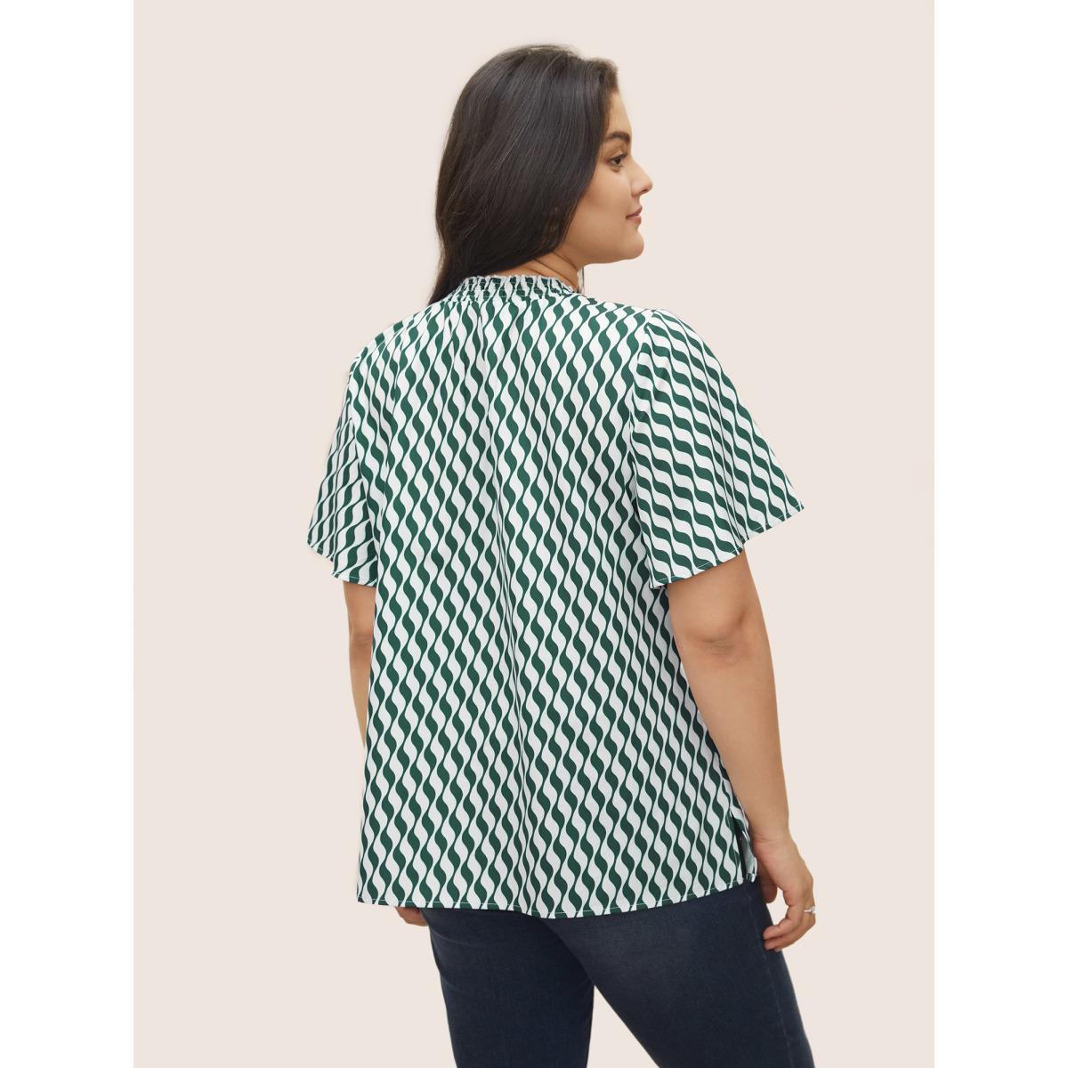 Plus Size DarkGreen Geometric Mock Neck Shirred Ruffle Sleeve Blouse Women At the Office Short sleeve Mock Neck Work Blouses BloomChic 12/L Product Image