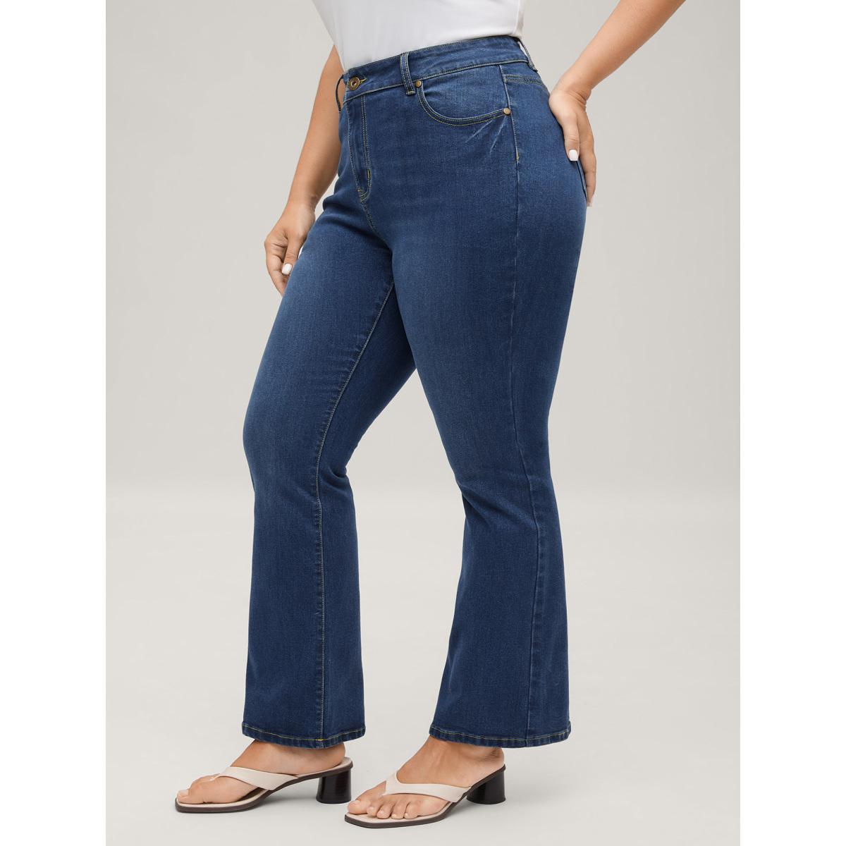 Plus Size Classic Bootcut Mid-Rise Jeans Women Midblue Medium stretch Slanted pocket Jeans BloomChic 22/3X Product Image