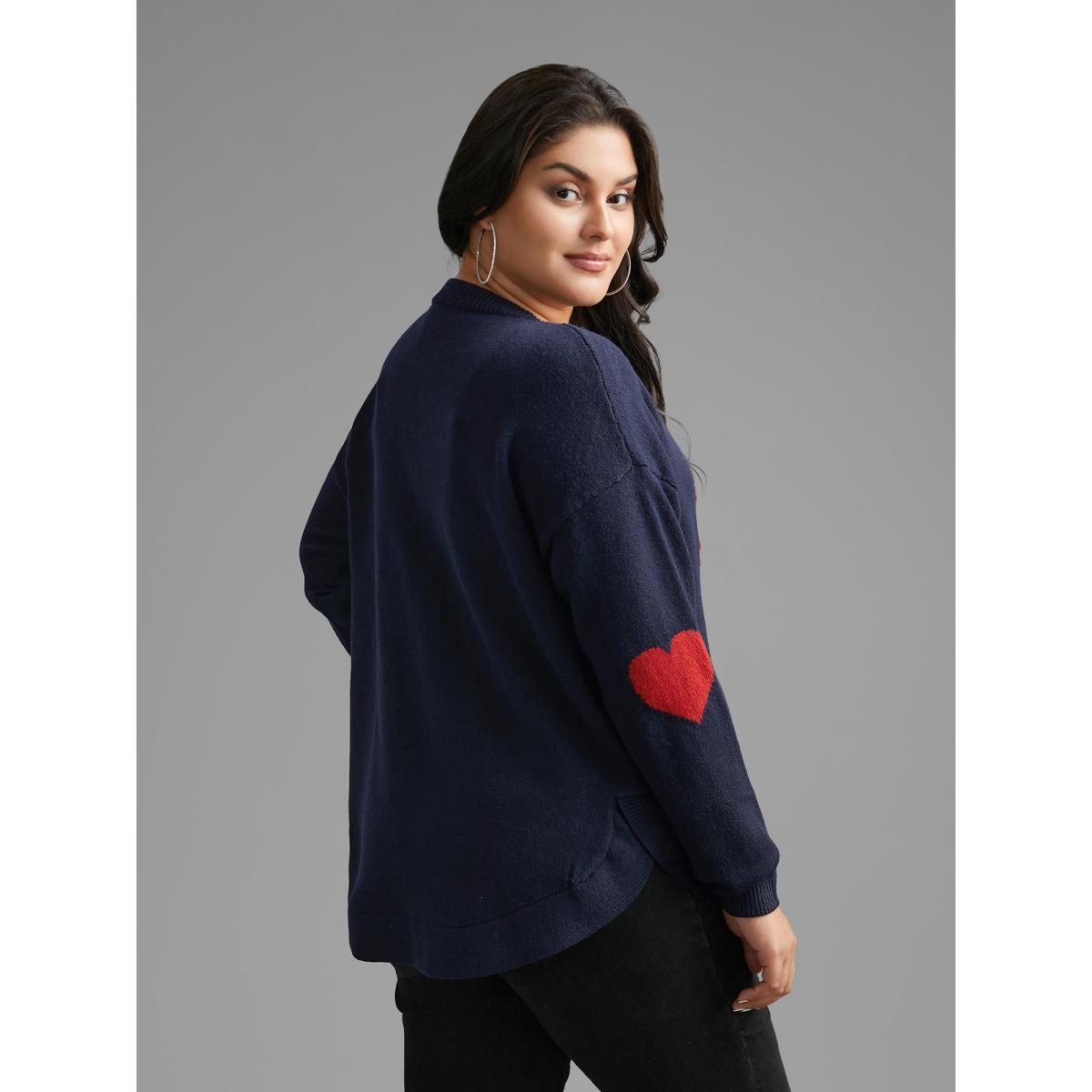 Plus Size Supersoft Heart Pattern Cardigan Indigo Women Casual Loose Long Sleeve Round Neck Everyday Pullovers BloomChic 12/L Product Image