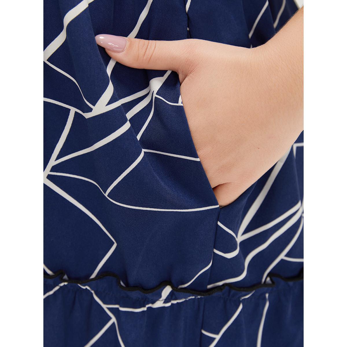Plus Size Geometric Print Ruffle Cap Sleeve Wrap Layered Hem Dress Indigo Women Office Printed V-neck Cap Sleeve Curvy Long Dress BloomChic 26/4X Product Image