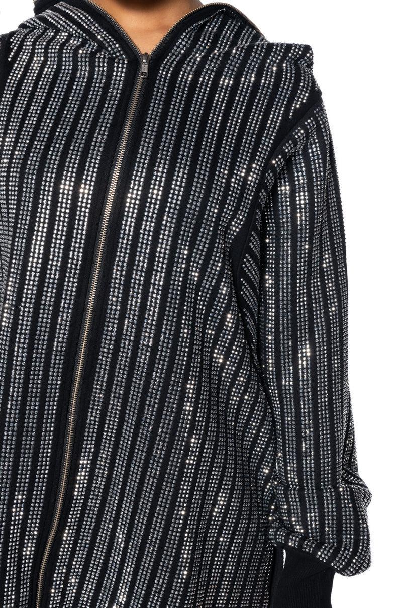 TRES CHIC PASSPORT OVERSIZE HOODED RHINESTONE ZIP UP JACKET Product Image