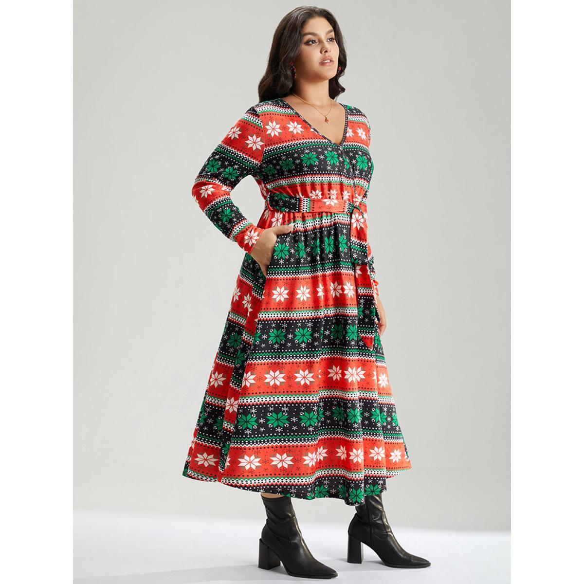 Plus Size Snowflake Print Contrast Belted Surplice Neck Dress Multicolor Women Elegant Wrap Overlap Collar Long Sleeve Curvy Midi Dress BloomChic 18-20/2X Product Image