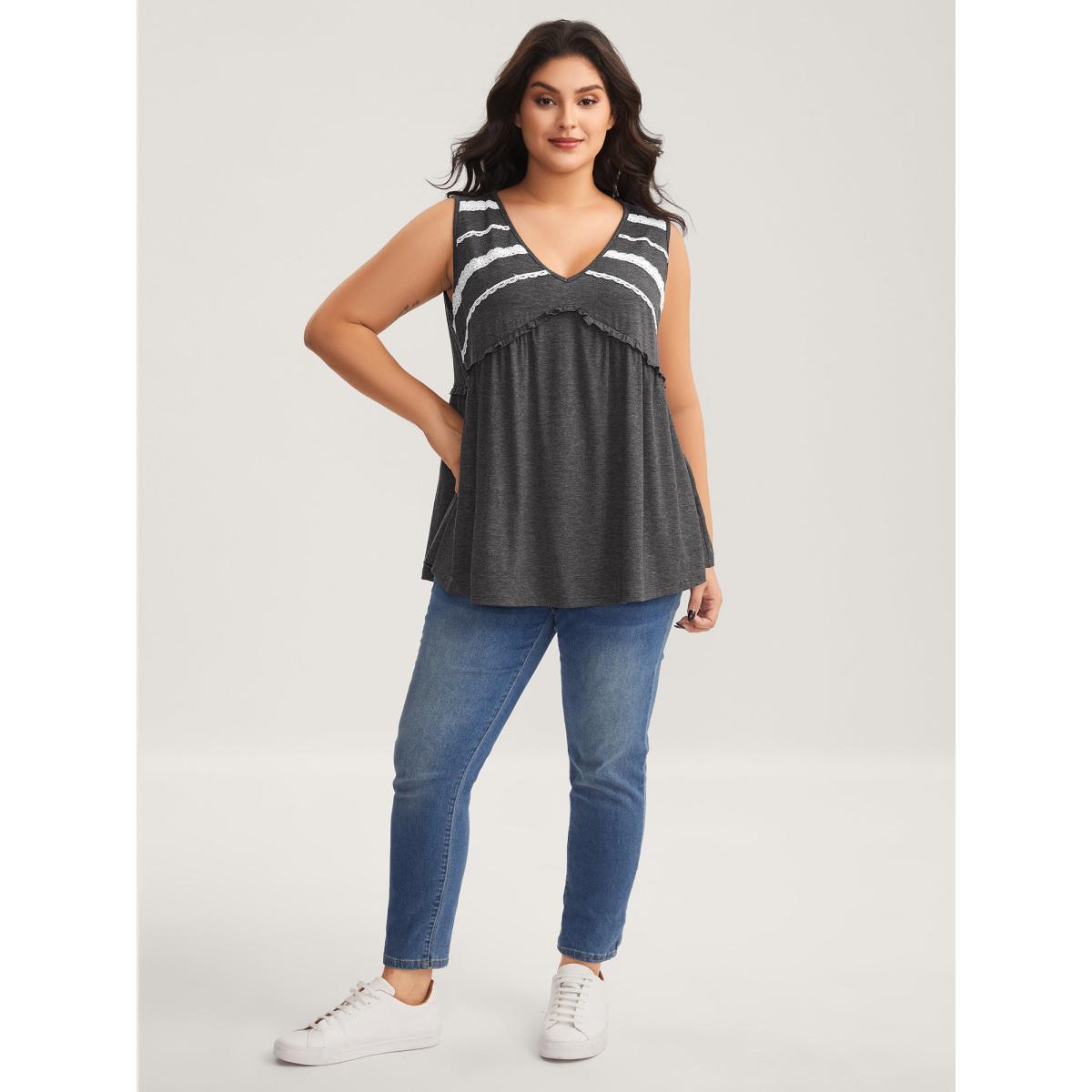 Plus Size Lace Trim V-Neck Tank Top Women DimGray Wraparound straps V-neck Everyday-Casual Tank Tops Camis BloomChic 22-24/3X Product Image