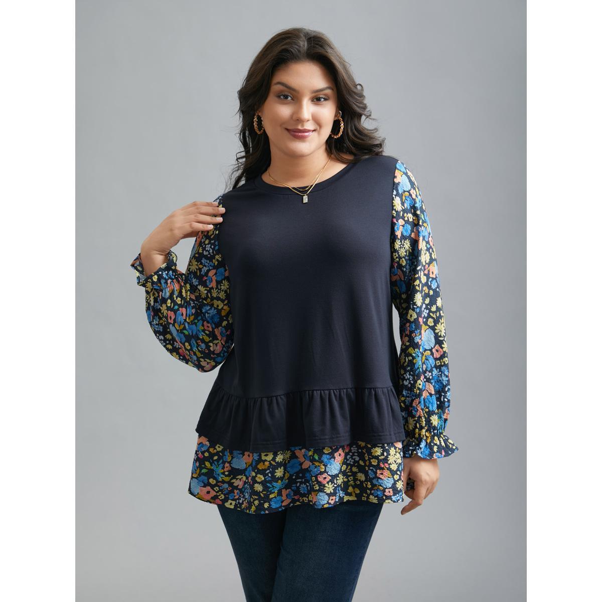 Plus Size Floral Spliced Tiered Hem T-Shirt Indigo Women Elegant Contrast Natural Flowers Round Neck Everyday T-shirts BloomChic 30/6X Product Image