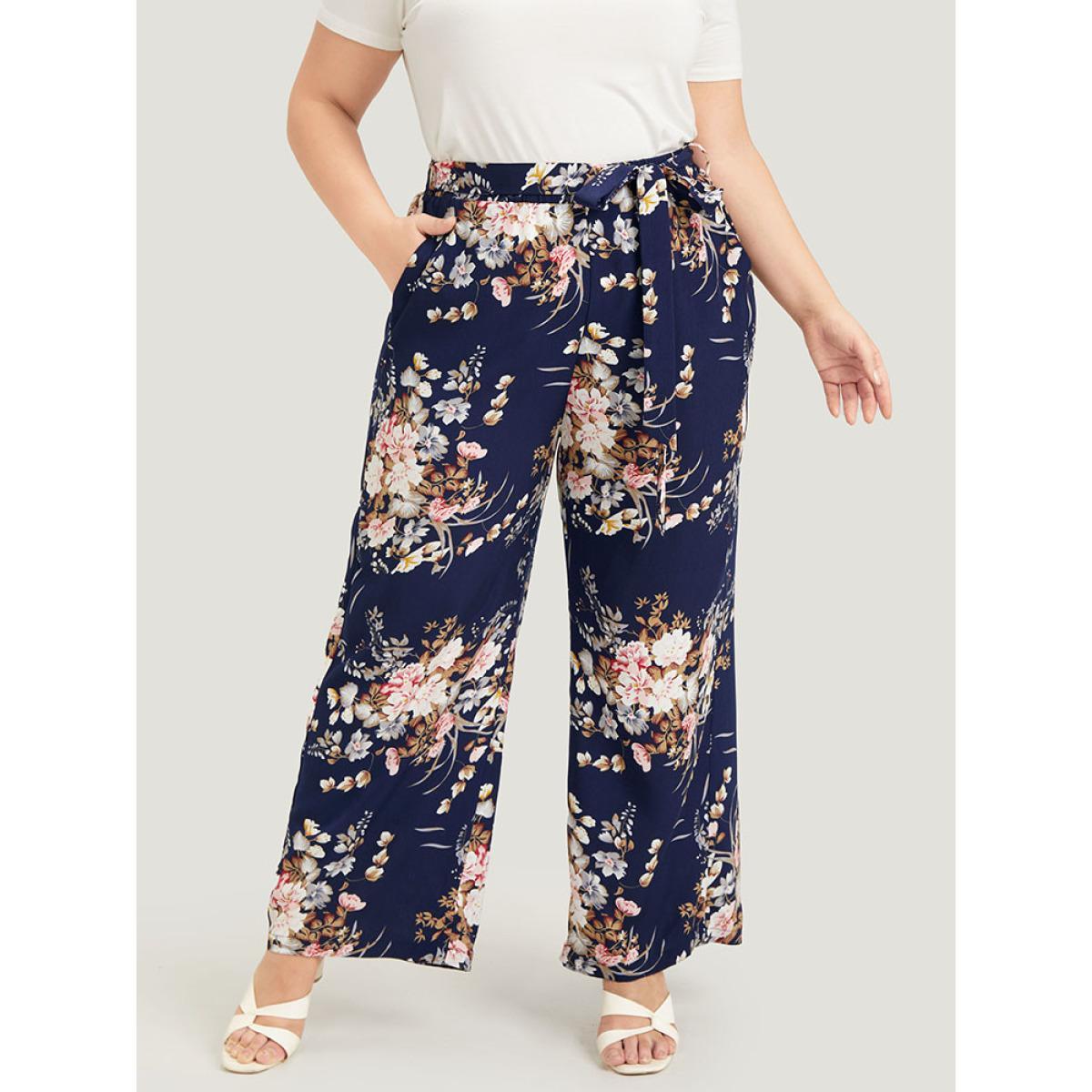 Plus Size Floral Pocket High Rise Wide Leg Belt Pants Women Indigo Elegant Loose High Rise Dailywear Pants BloomChic 12/L Product Image