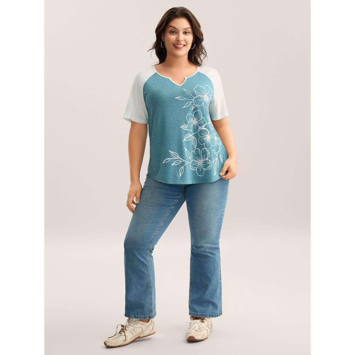 Plus Size Supersoft Heather Split Neck T-Shirt Cerulean Women Contrast Flat collar with V-notch Everyday-Casual T-shirts BloomChic 10/M Product Image