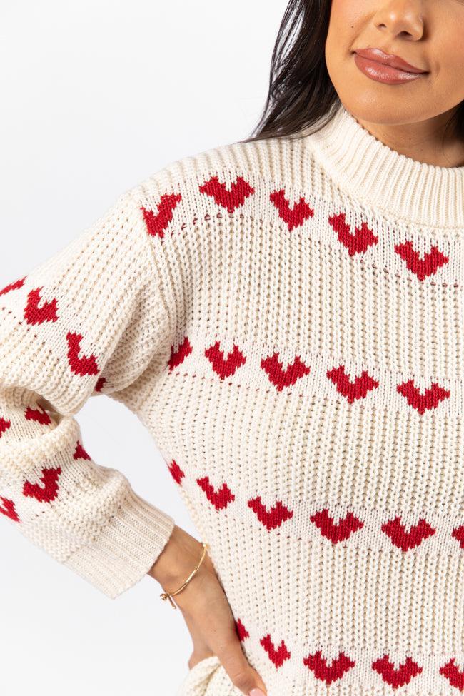 Familiar Feelings Cream and Red Heart Print Mock Neck Sweater SALE Product Image