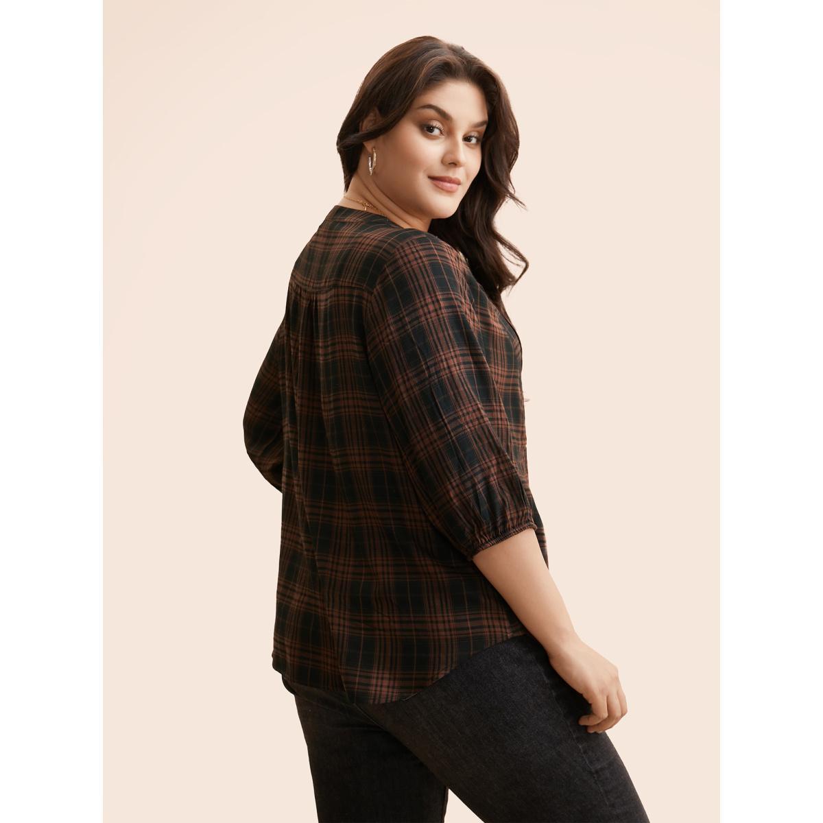 Plus Size Yellowishbrown Plaid Pleated Button Placket Blouse Women Elegant Elbow-length sleeve Flat collar with V-notch Everyday Blouses BloomChic 22-24/3X Product Image