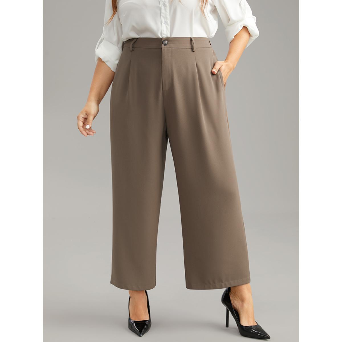Plus Size Plain Plicated Detail Straight Leg Pants Women DarkBrown Office Wide Leg High Rise Work Pants BloomChic 12/L Product Image
