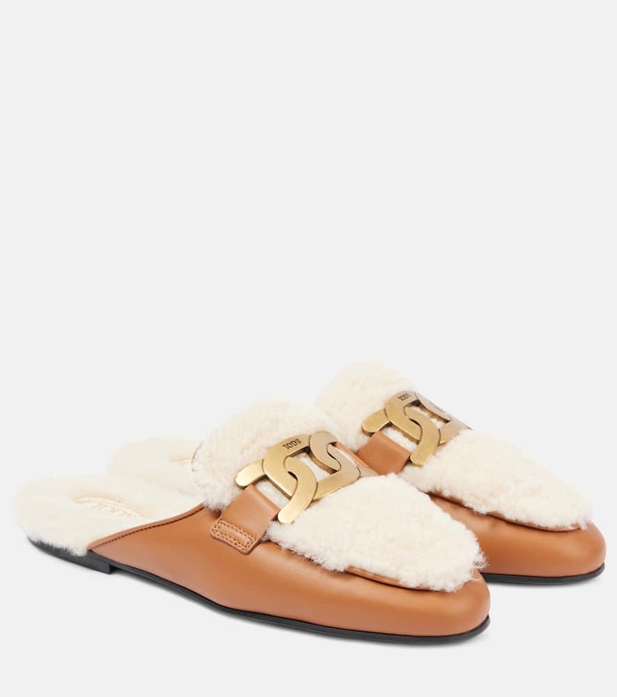 TOD'S Catena Shearling-lined Leather Slippers In Beige Product Image