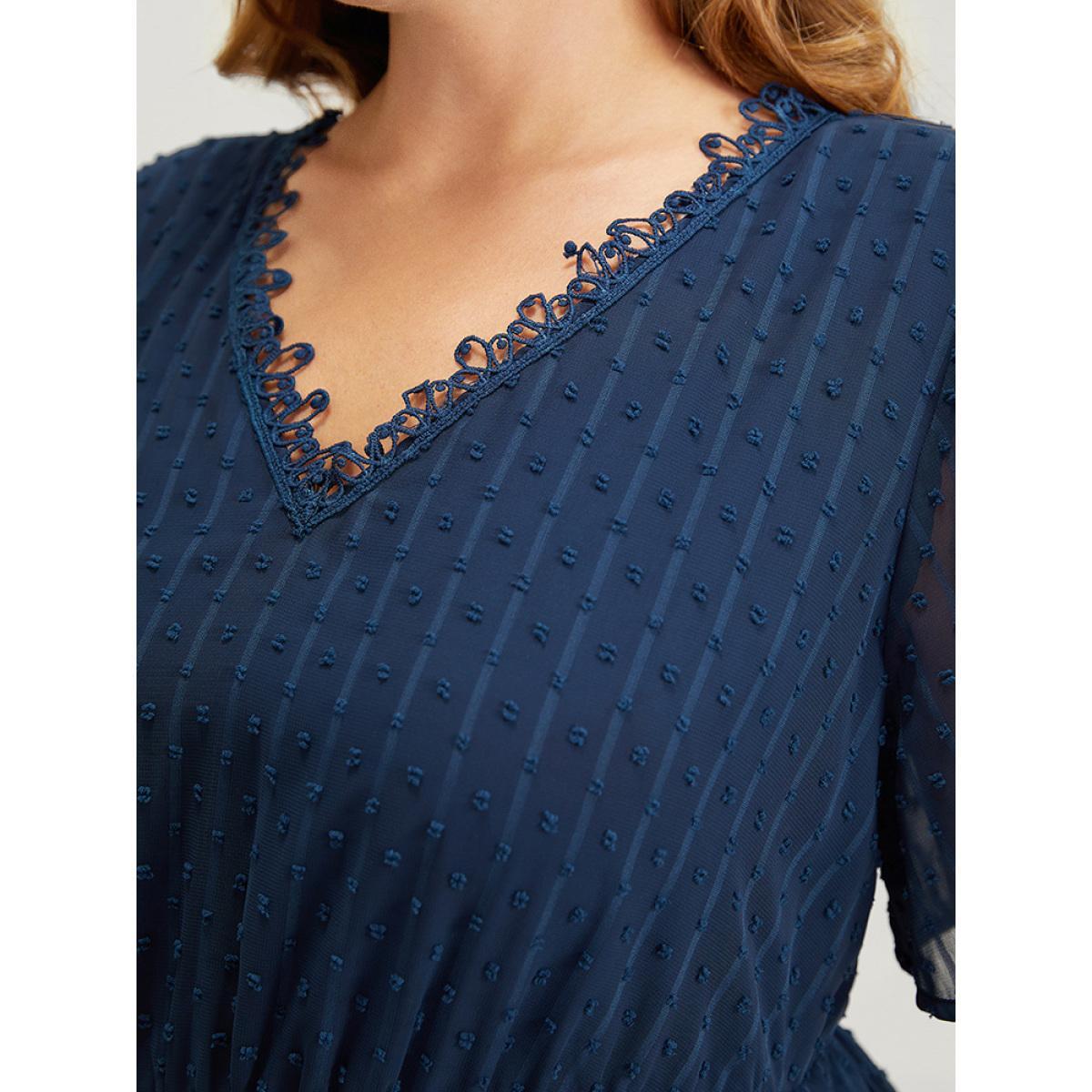 Plus Size Polka Dot Mesh Ruffle Sleeve Lace Trim Pocket Belted Dress Navy Women Elegant See through V-neck Short sleeve Curvy Midi Dress BloomChic 10/M Product Image