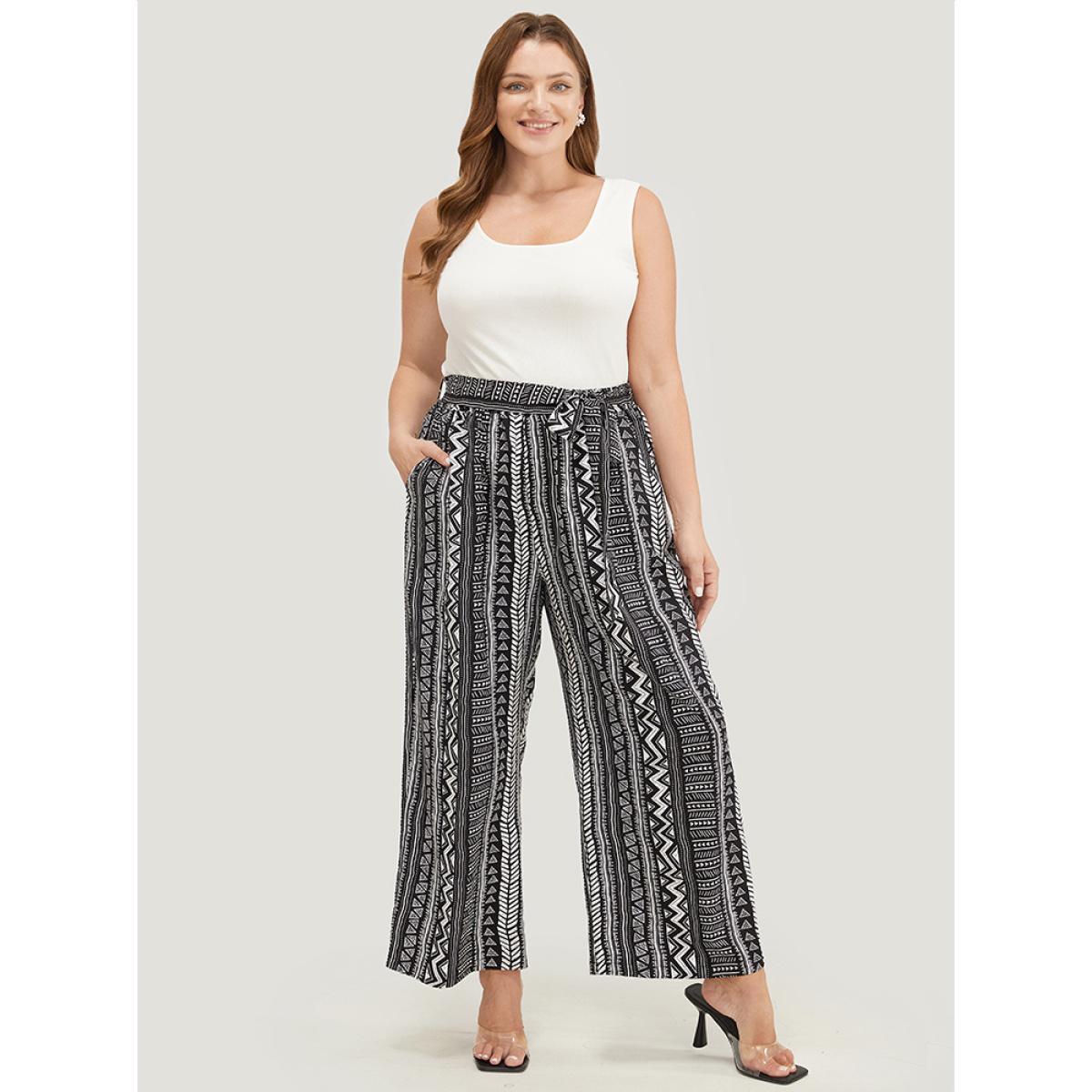 Plus Size Geometric & Striped Print Belt Pocket Pants Women Black Vacation Wide Leg High Rise Dailywear Pants BloomChic 30/6X Product Image