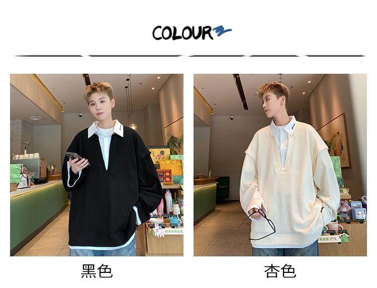 Mock Two-Piece Collared Two Tone Sweatshirt Product Image