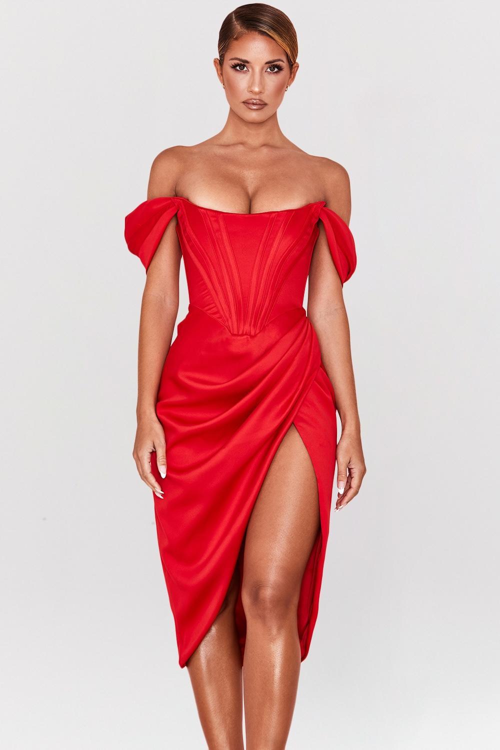 Loretta Red Satin Off Shoulder Dress Product Image