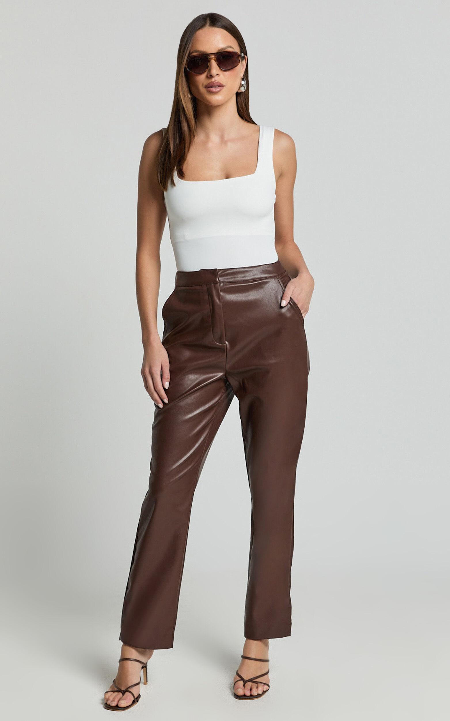 Azelia Pants - Mid Rise Cropped Faux Leather Pants in Dark Chocolate Product Image