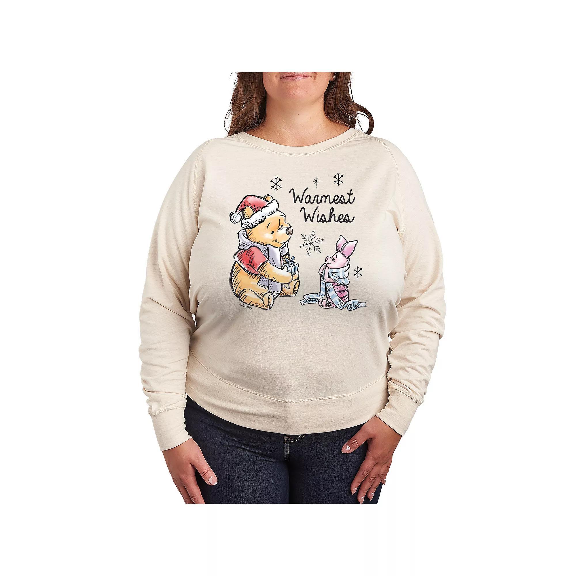DIsney's Winnie The Pooh Piglet & Pooh Women's Warmest Wishes French Terry Long Sleeve Tee, Size: Medium, Beige Product Image