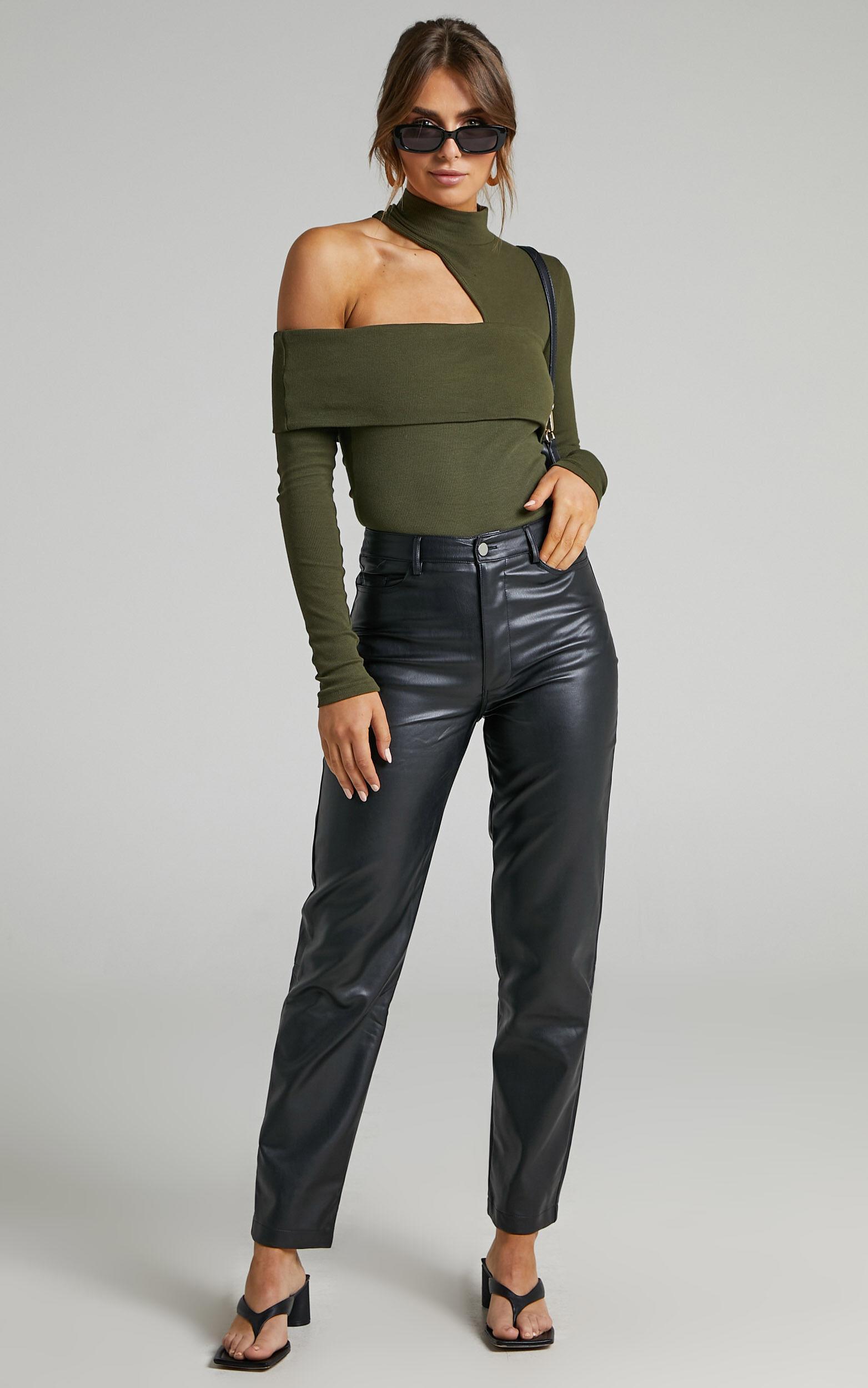 Kiefer Top - Asymmetric Long Sleeve Cutout Top in Khaki Product Image