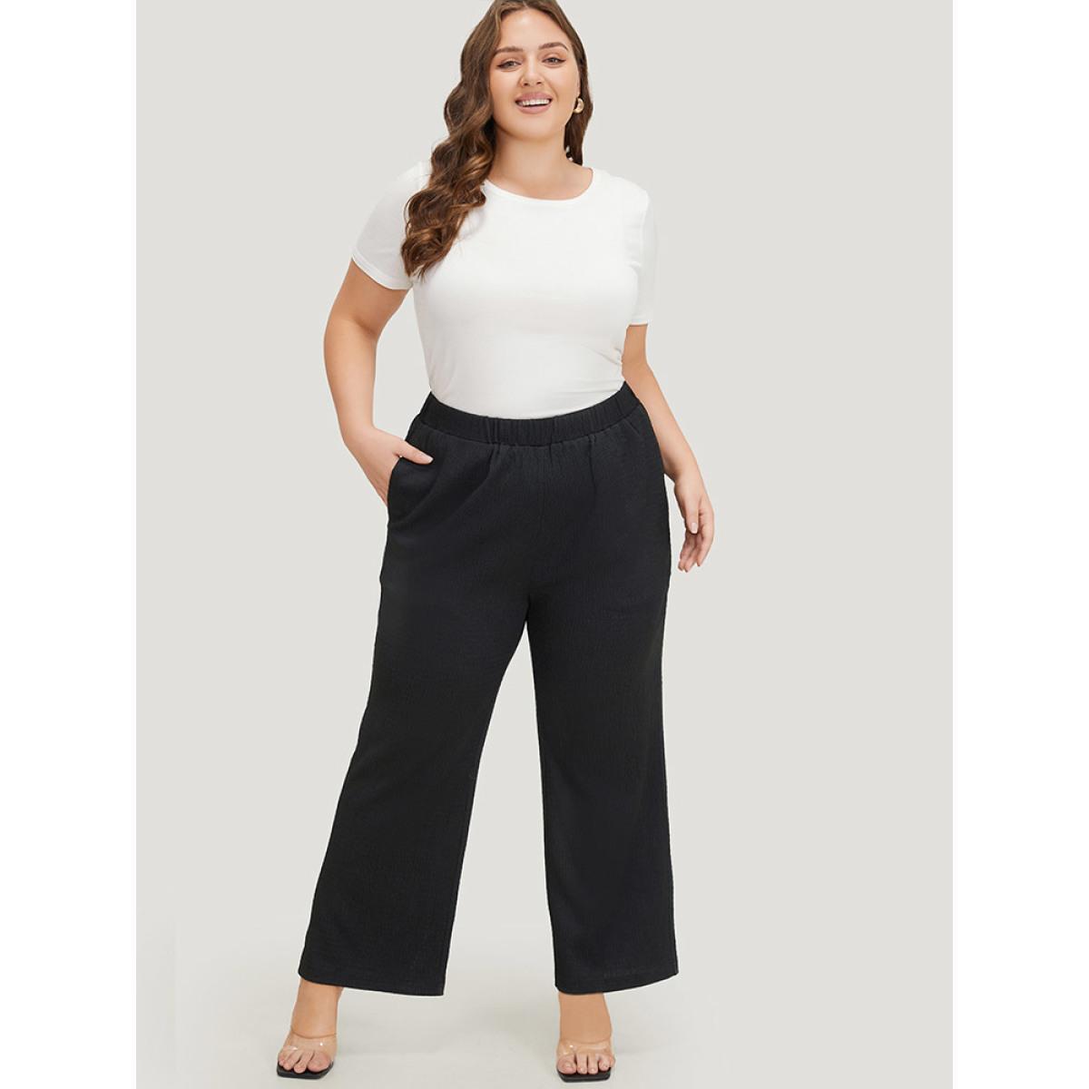 Plus Size Solid Pocket High Rise Elastic Waist Pants Women Black Elegant High Rise Dailywear Pants BloomChic 18-20/2X Product Image