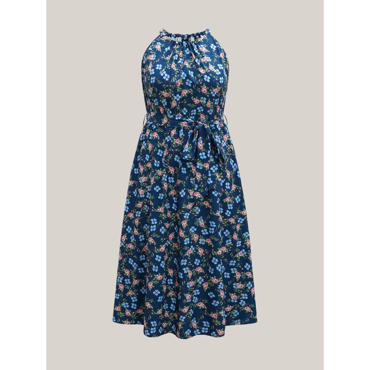 Plus Size Floral Print Belted Stretchy Waist Midi Dress Navy Women Elegant Gathered Halter neck Sleeveless Curvy BloomChic 12/L Product Image