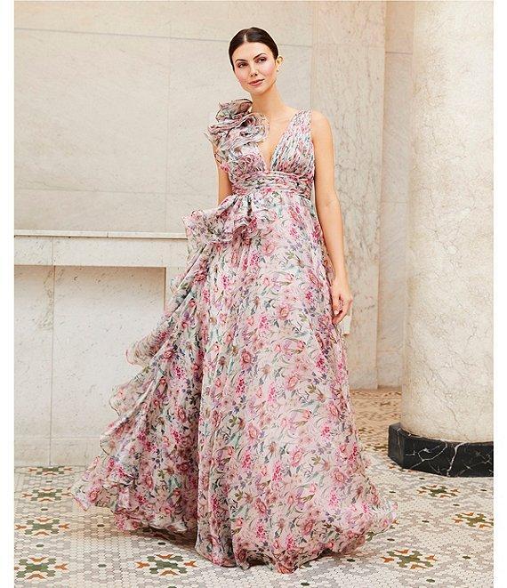 Mac Duggal Chiffon Floral Print V Neck Sleeveless Ruffle A-Line Gown Product Image