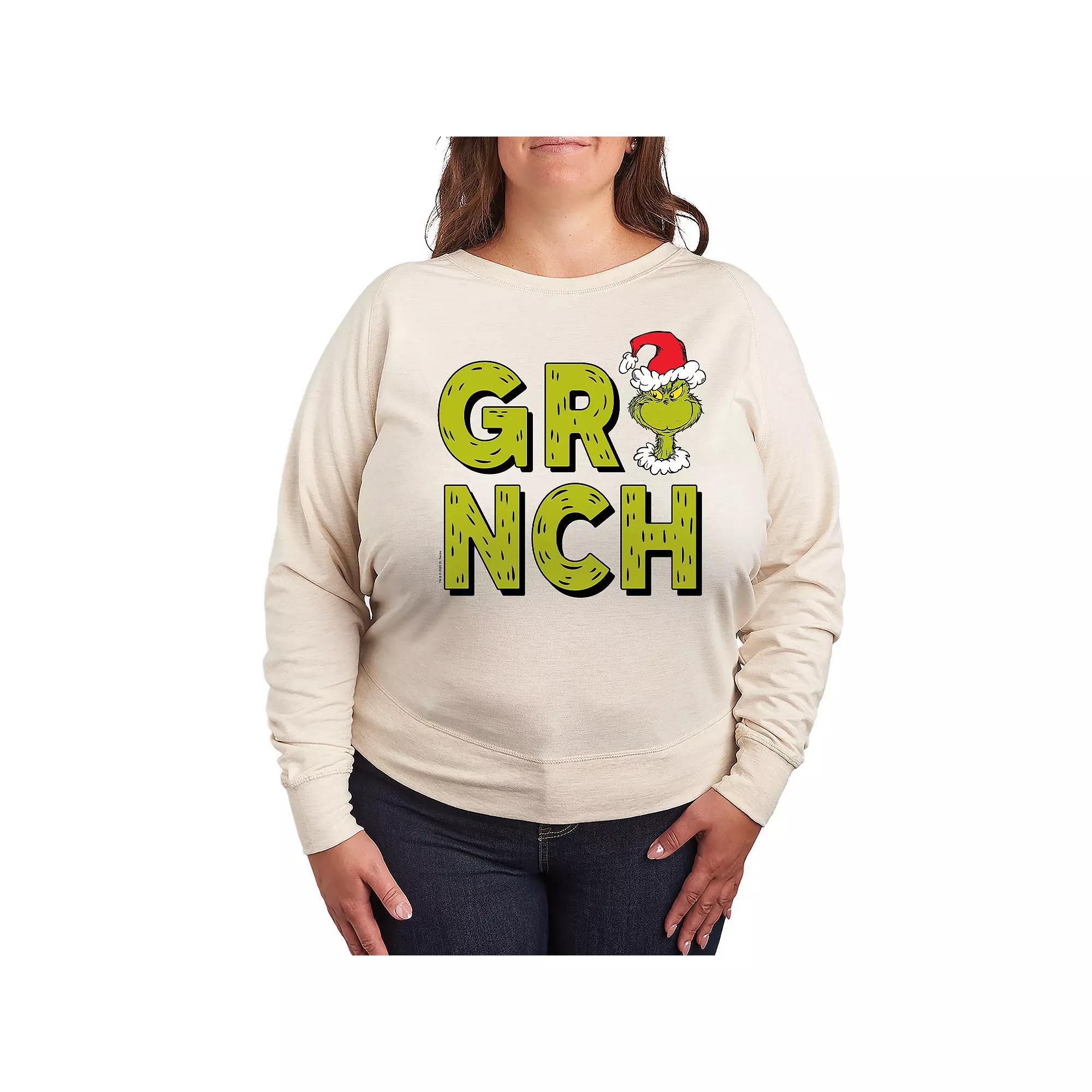 Plus Size Dr. Seuss Grinch Fur Letters French Terry Long Sleeve Tee, Womens Grey Green Product Image