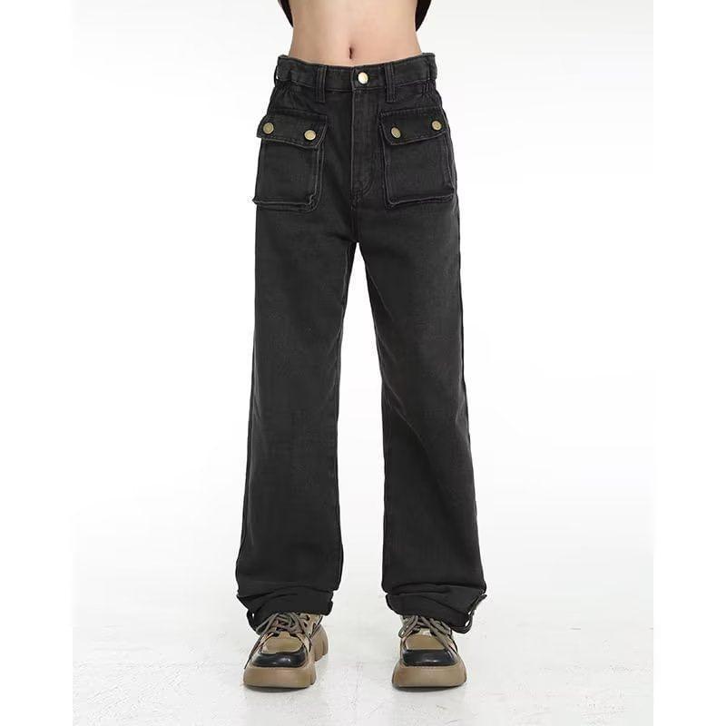 Mid Waist Pocket Detail Wide Leg Jeans Product Image