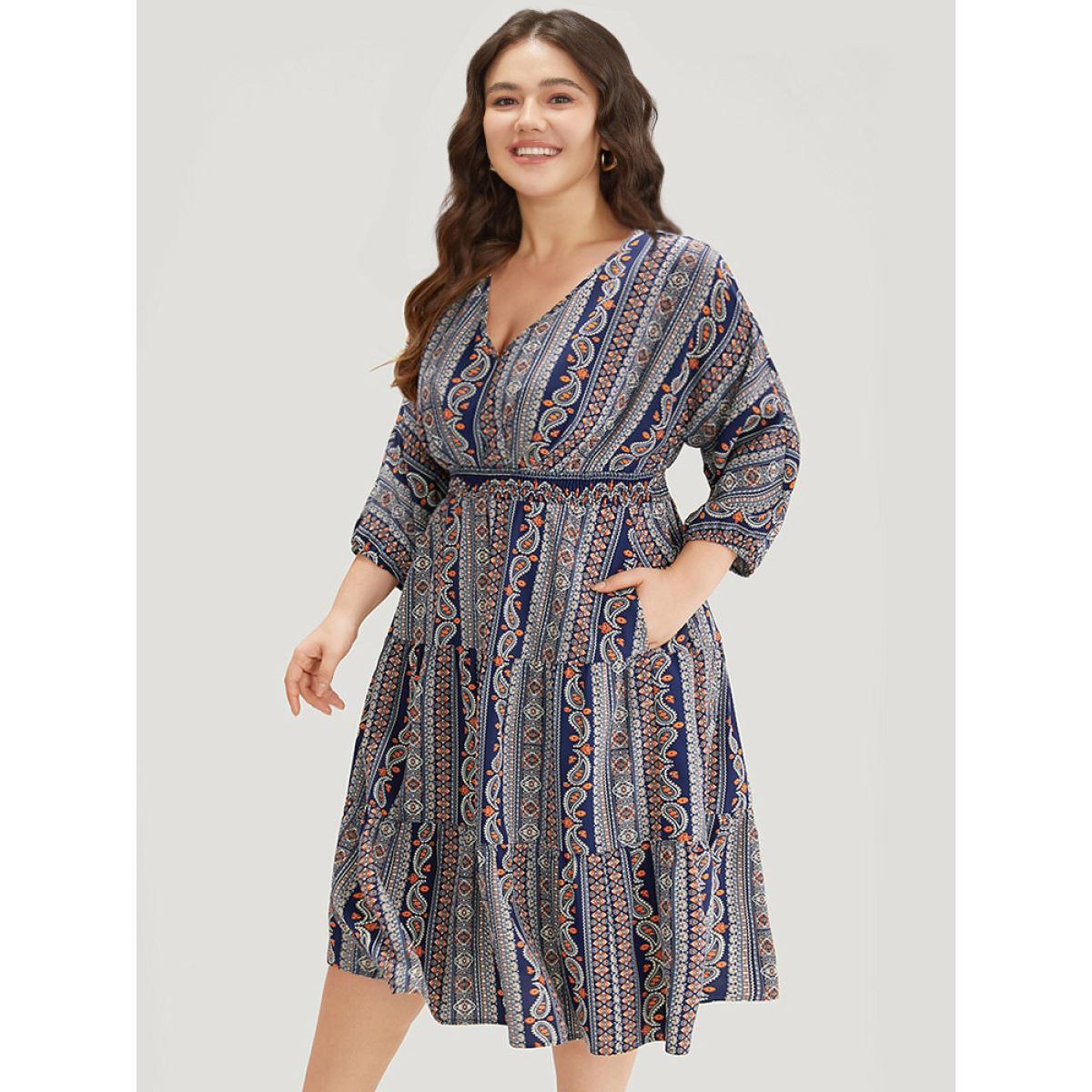Plus Size Bandana Print Elastic Cuffs Layered Hem Dress DarkBlue Women Vacation Elastic cuffs V-neck Elbow-length sleeve Curvy Midi Dress BloomChic 30/6X Product Image
