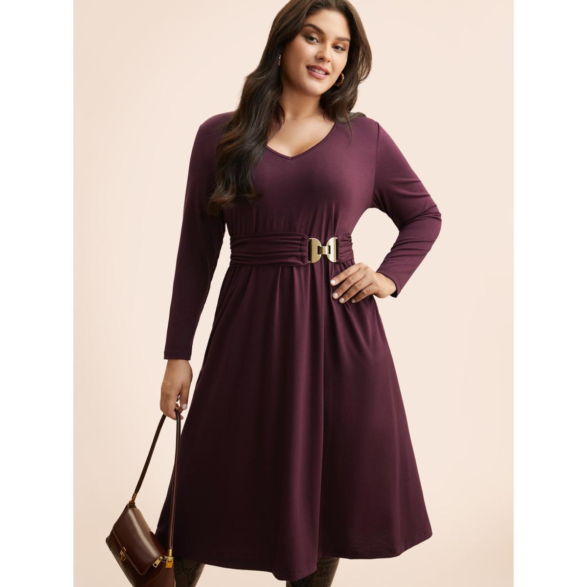 Plus Size Solid Metal Detail Midi Dress Deeppurplered Women Casual Belted V-neck Long Sleeve Curvy BloomChic 14-16/1X Product Image