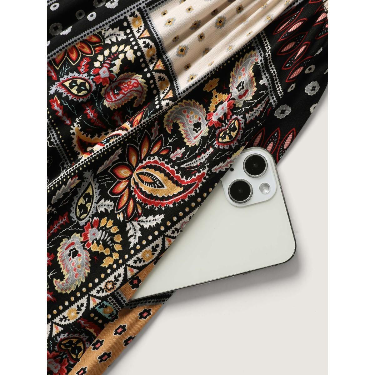 Plus Size Paisley Floral Collage Shirred Pockets Midi Dress Black Women Square Neck Short sleeve Curvy BloomChic 28/5X Product Image