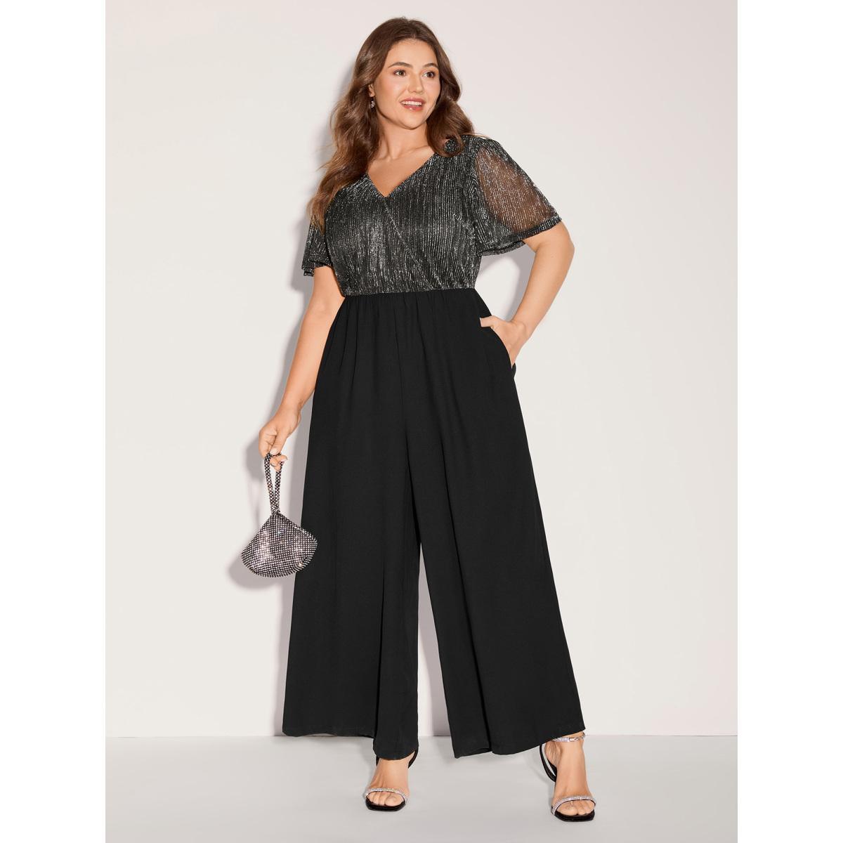 Plus Size Black Shimmery Bow Back Tie Contrast Jumpsuit Women Short sleeve Overlap Collar Party Loose Jumpsuits BloomChic 14-16/1X Product Image