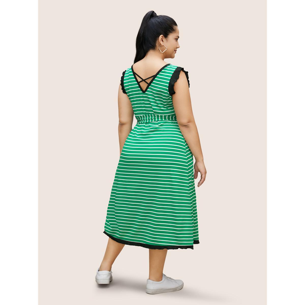 Plus Size Striped Contrast Trim Belted Tank Dress Malachitegreen Women Casual Belted V-neck Sleeveless Curvy BloomChic 14-16/1X Product Image