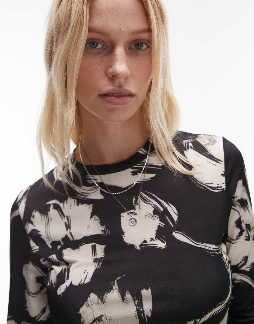 Topshop long sleeve floral microfiber mono top in black Product Image