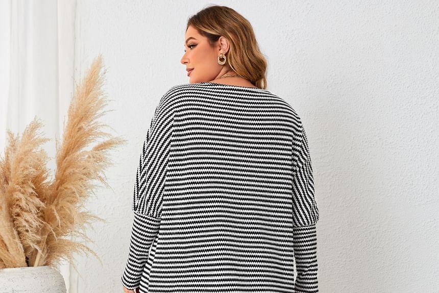 Mutton Sleeve Crew Neck Striped Knit Top Product Image